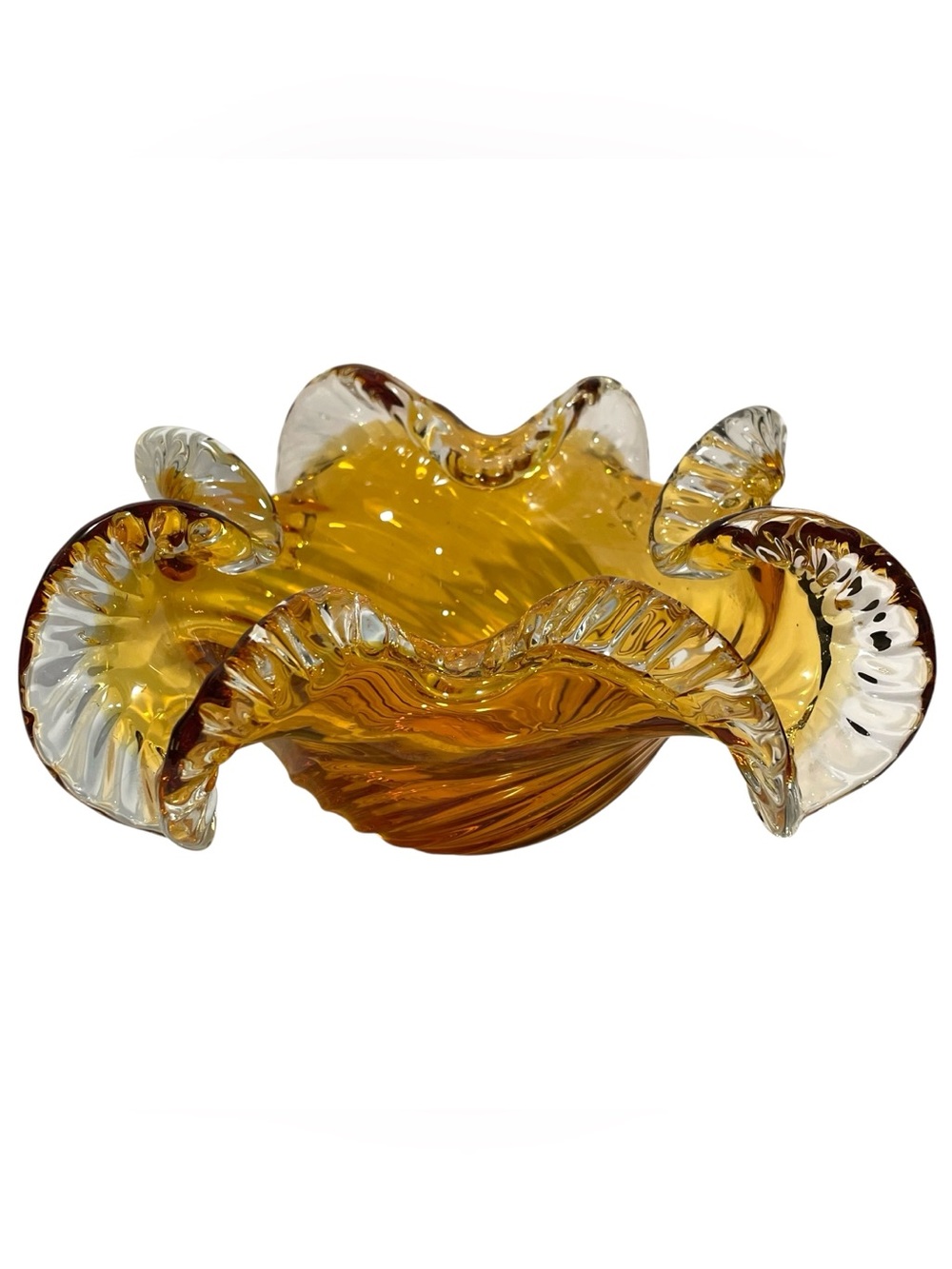 Vintage 1960s Chalet Art Glass Vase - Amber Colored Freeform Ruffled Shaped
